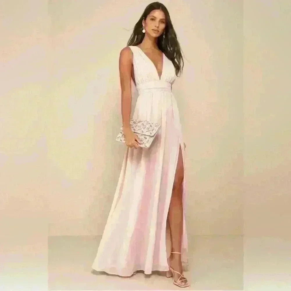 Lulu’s Heavenly Hues maxi dress small, champagne, wedding guest bridal NWT